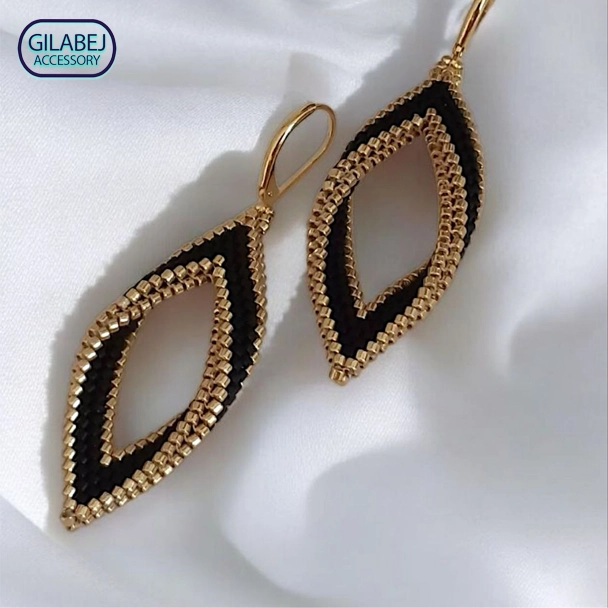 Miyuki Earrings Leaf Design Black & Gold Code 3023 2